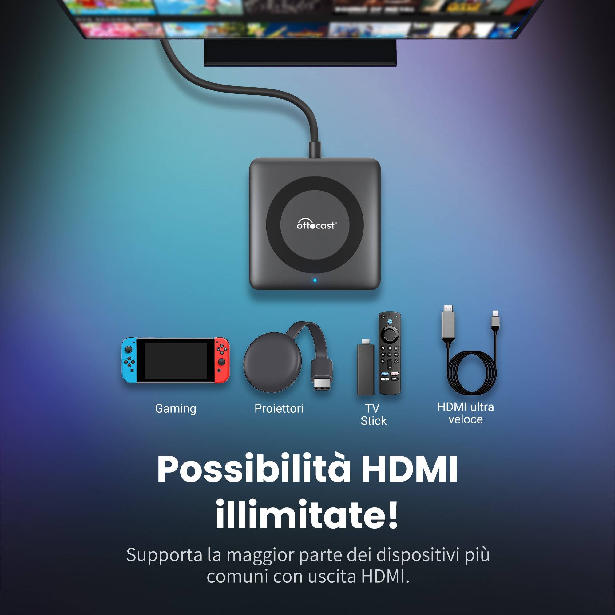 Ottocast® Car TV Mate Pro | Streaming HDMI + Fire TV Stick + Mirroring dello Schermo & Adattatore Wireless CarPlay Android Auto
