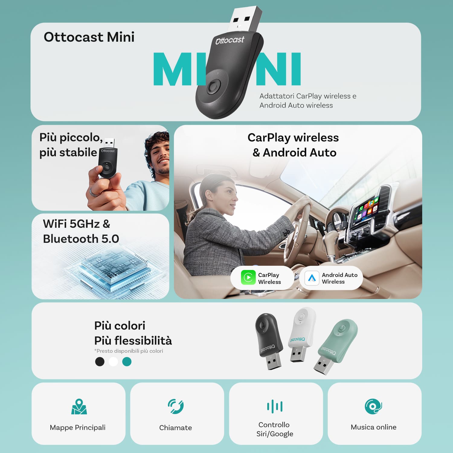 OTTOCAST®2025 Mini Wireless CarPlay/Android Auto Adapter