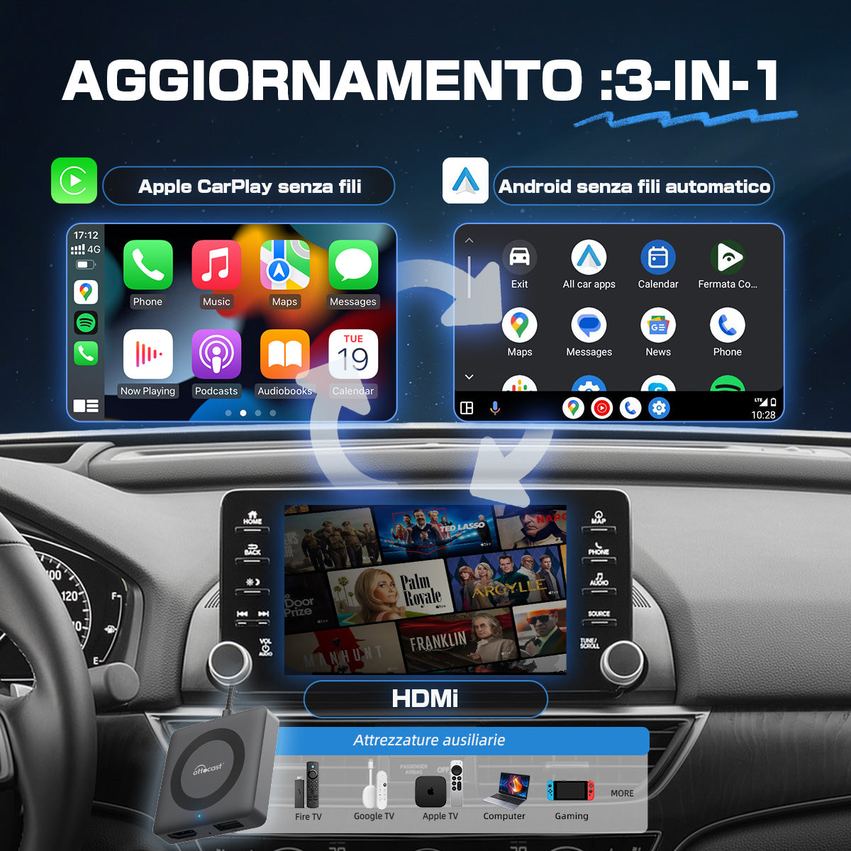 2025 Nuovo Aggiornamento - Car TV Mate Pro | Streaming HDMI + Fire TV Stick + Mirroring dello Schermo & Adattatore Wireless CarPlay Android Auto