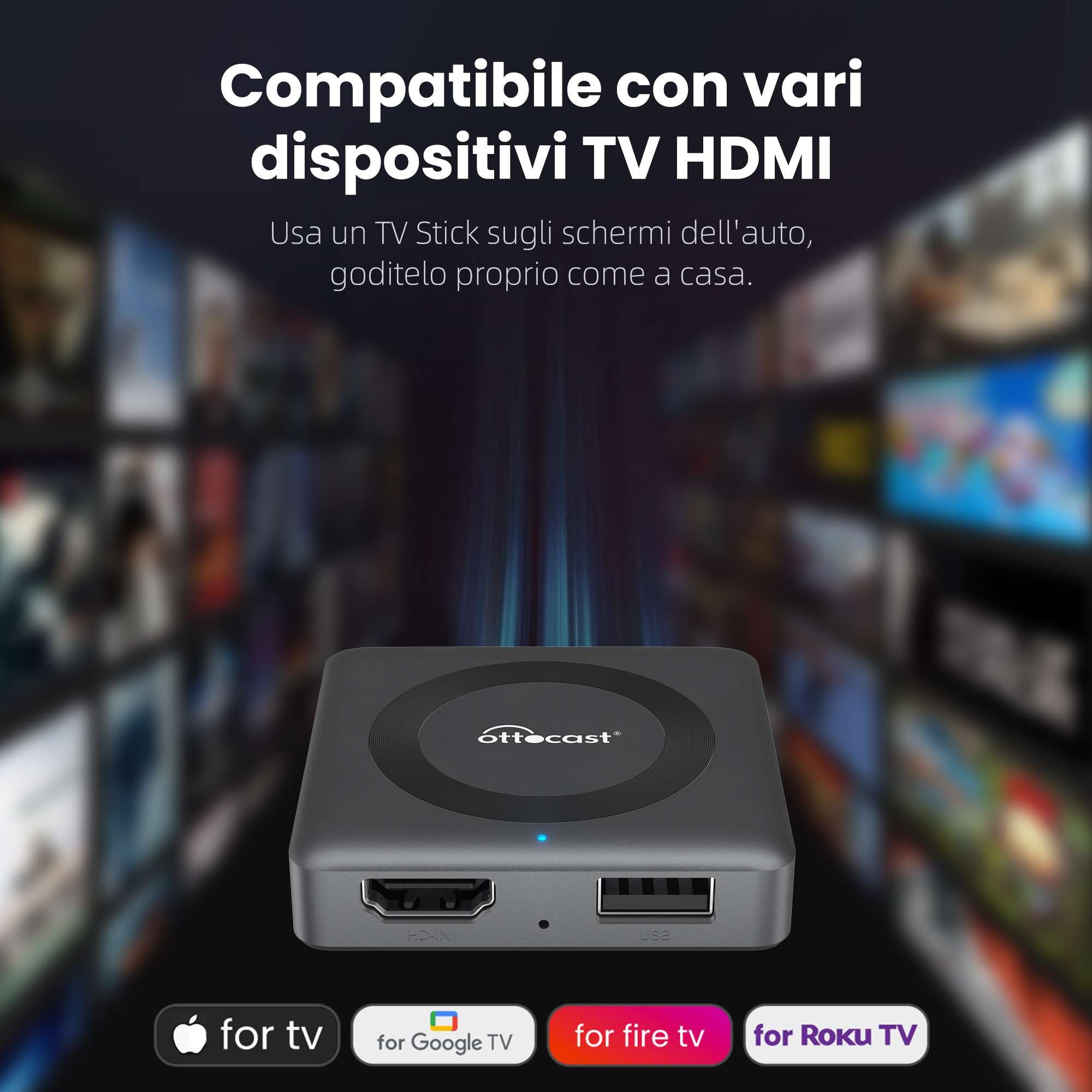 Ottocast® Car TV Mate Pro | Streaming HDMI + Fire TV Stick + Mirroring dello Schermo & Adattatore Wireless CarPlay Android Auto