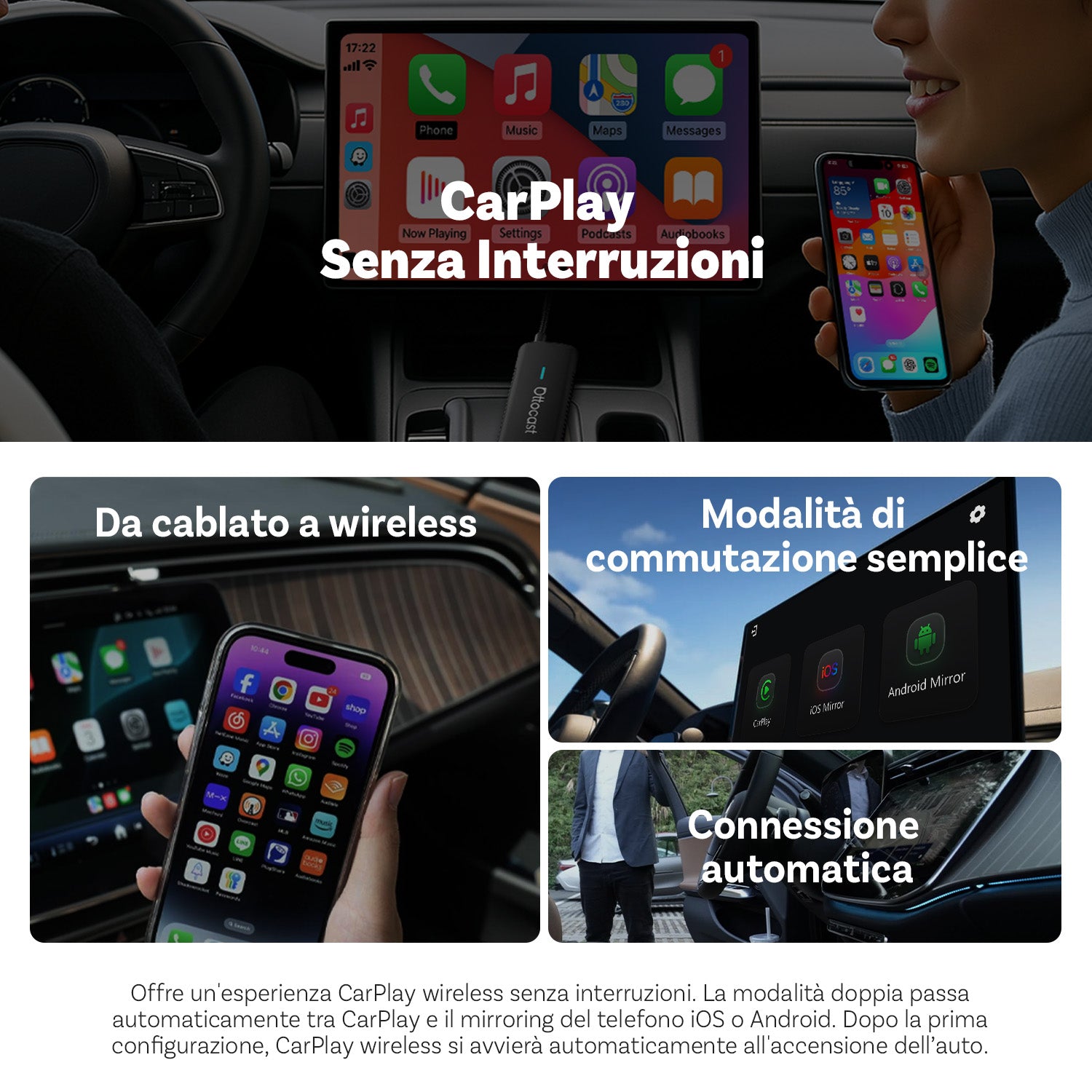 Ottocast® Mirror Touch Adattatore Wireless CarPlay