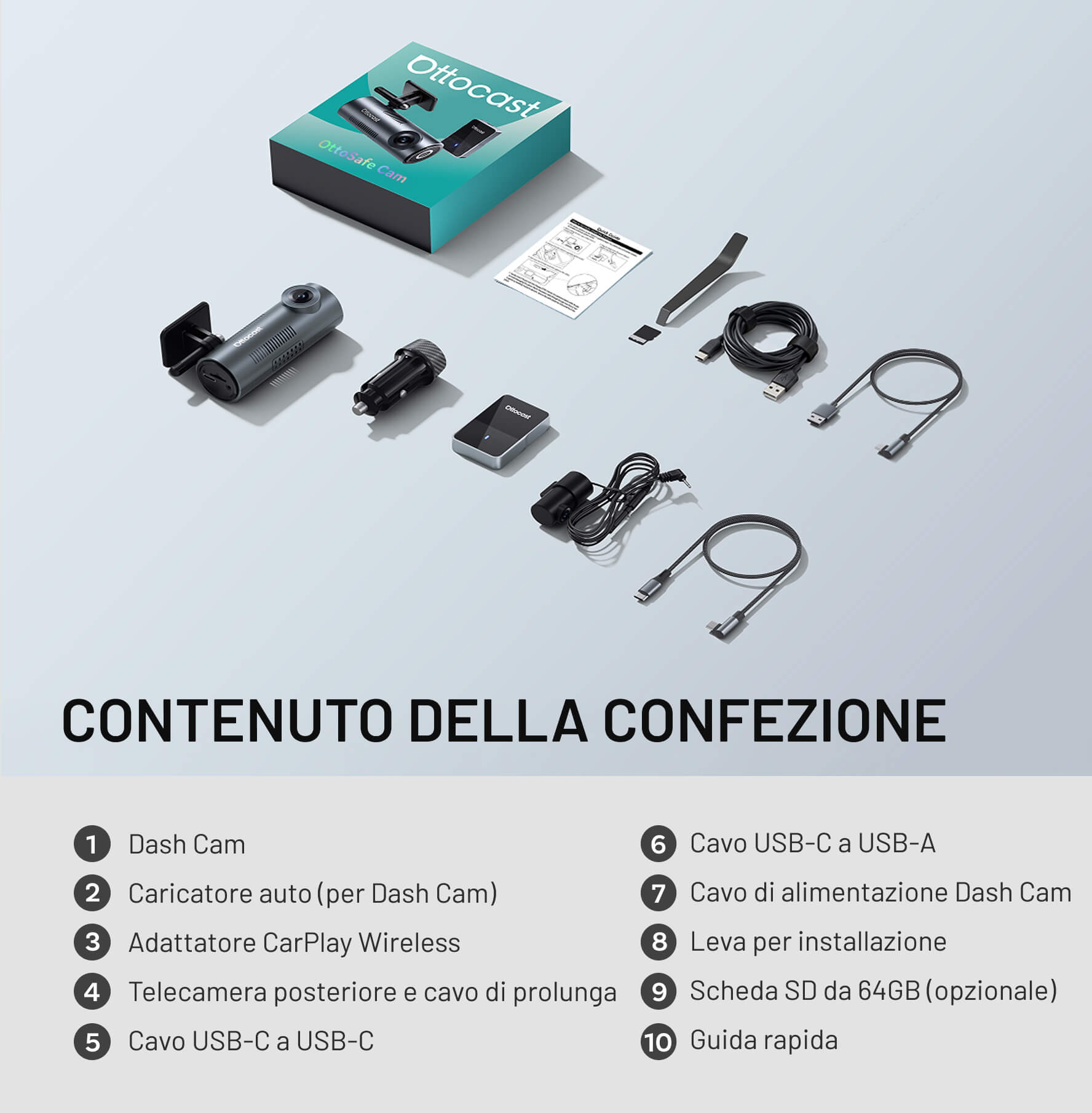 OttoSafe Cam 2 in 1 Dash Cam per Auto con CarPlay Wireless