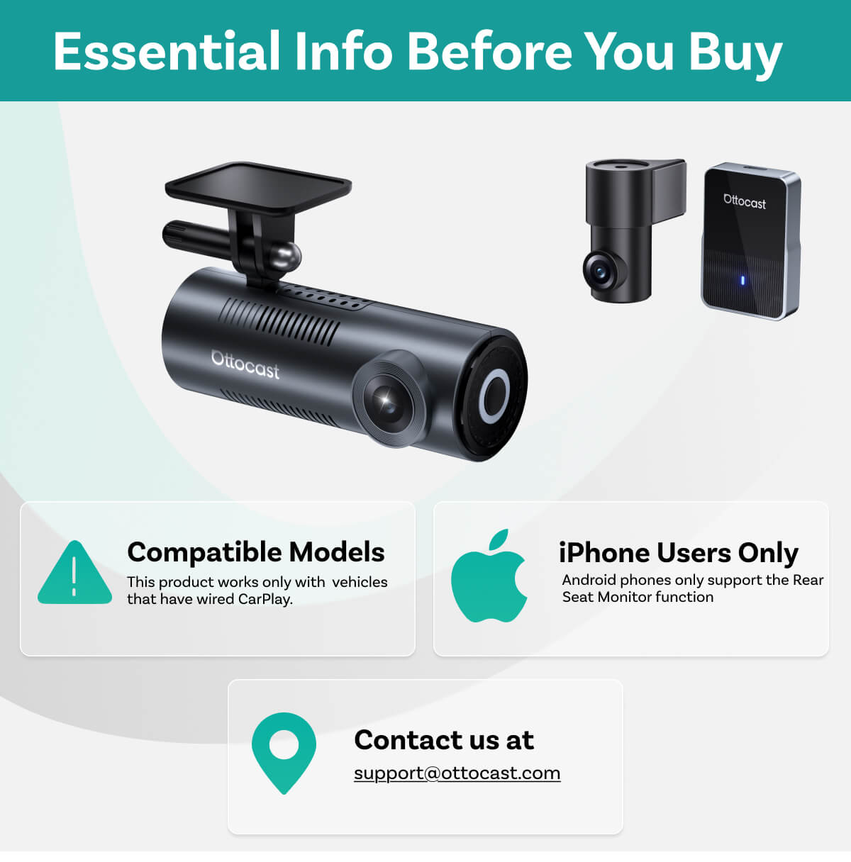 OttoSafe Cam 2 in 1 Dash Cam per Auto con CarPlay Wireless
