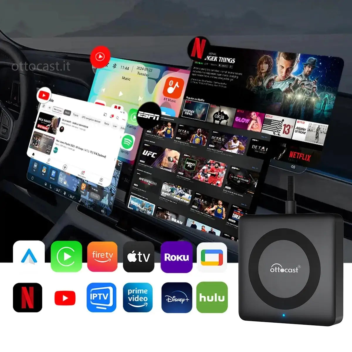 2025 Nuovo Aggiornamento - Car TV Mate Pro | Streaming HDMI + Fire TV Stick + Mirroring dello Schermo & Adattatore Wireless CarPlay Android Auto