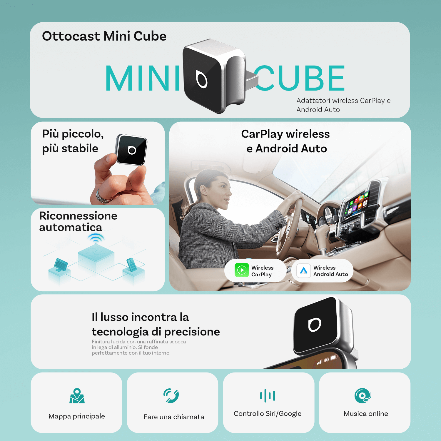 OTTOCAST® Mini Cube 3.0 Adattatore Wireless CarPlay e Android Auto