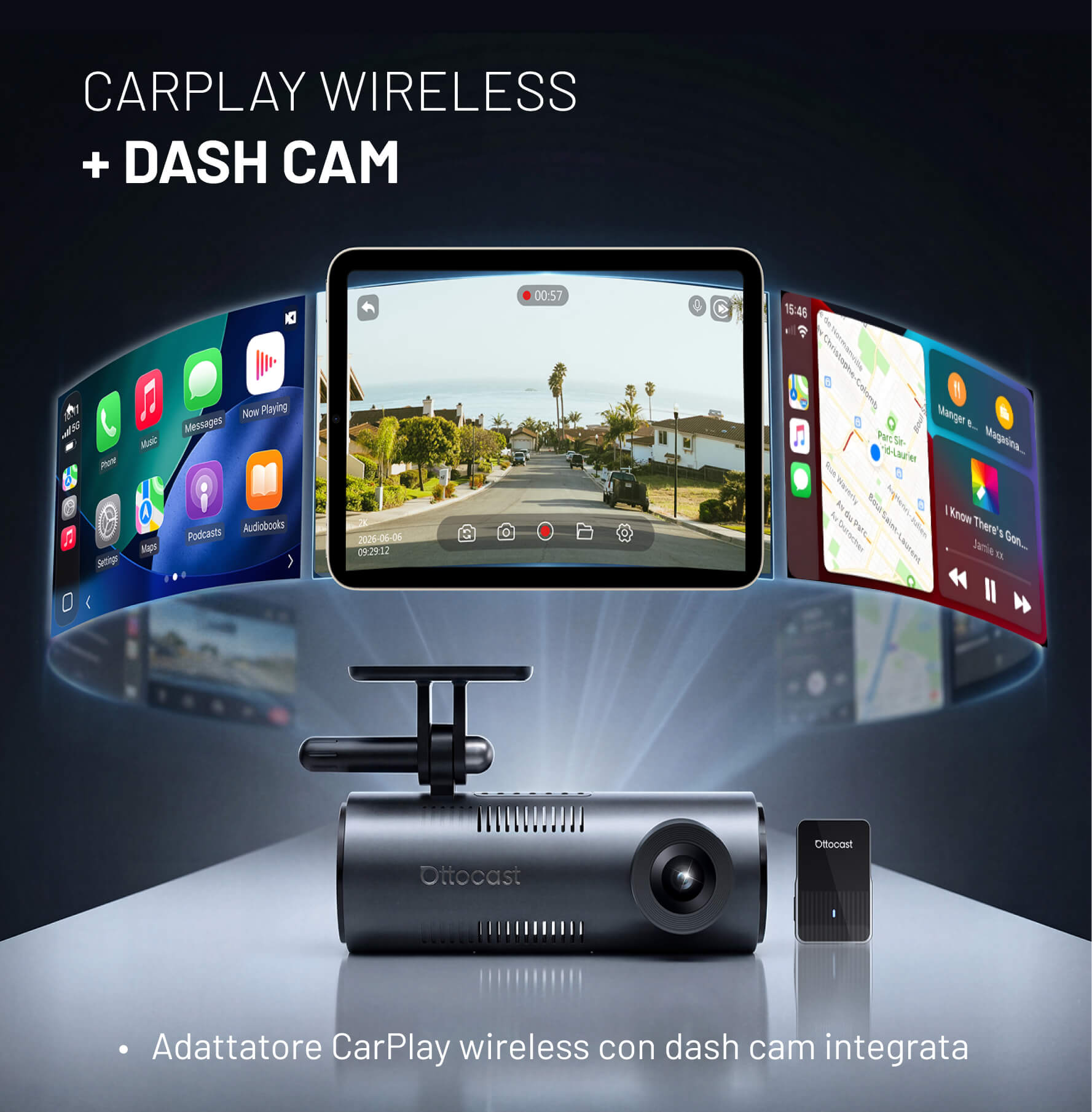 OttoSafe Cam 2 in 1 Dash Cam per Auto con CarPlay Wireless