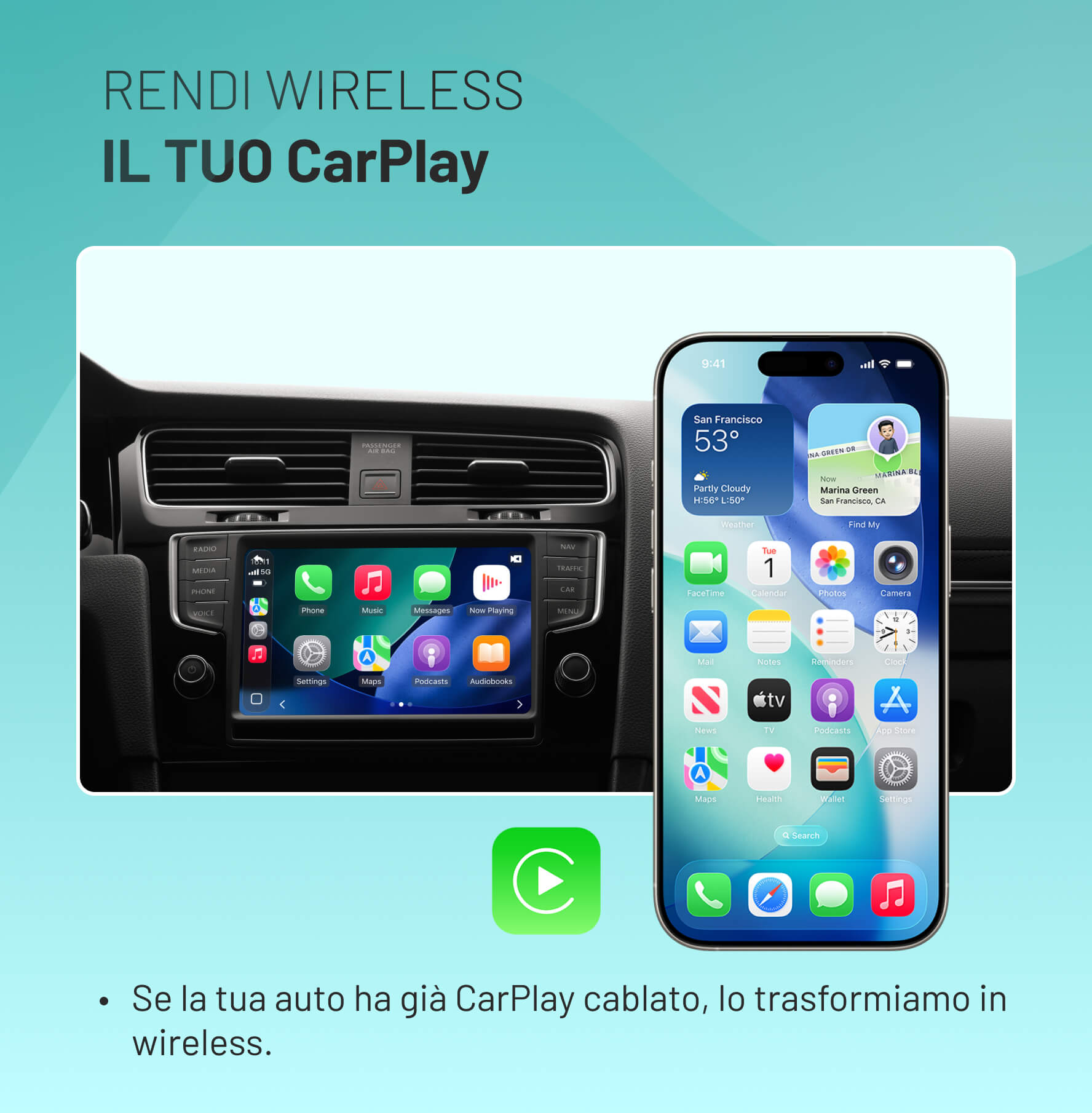 OttoSafe Cam 2 in 1 Dash Cam per Auto con CarPlay Wireless
