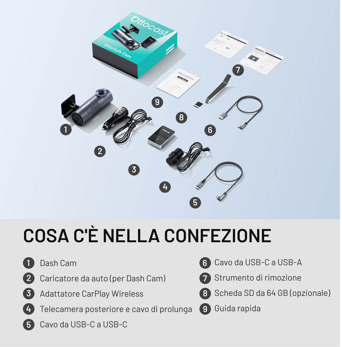 OttoSafe Cam 3 in 1: Dash Cam con CarPlay e Android Auto wireless