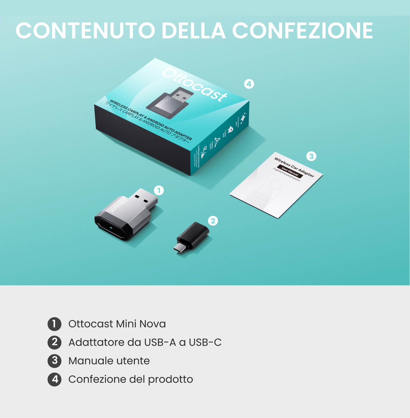 Ottocast Mini NOVA – Adattatore Wireless per CarPlay e Android Auto