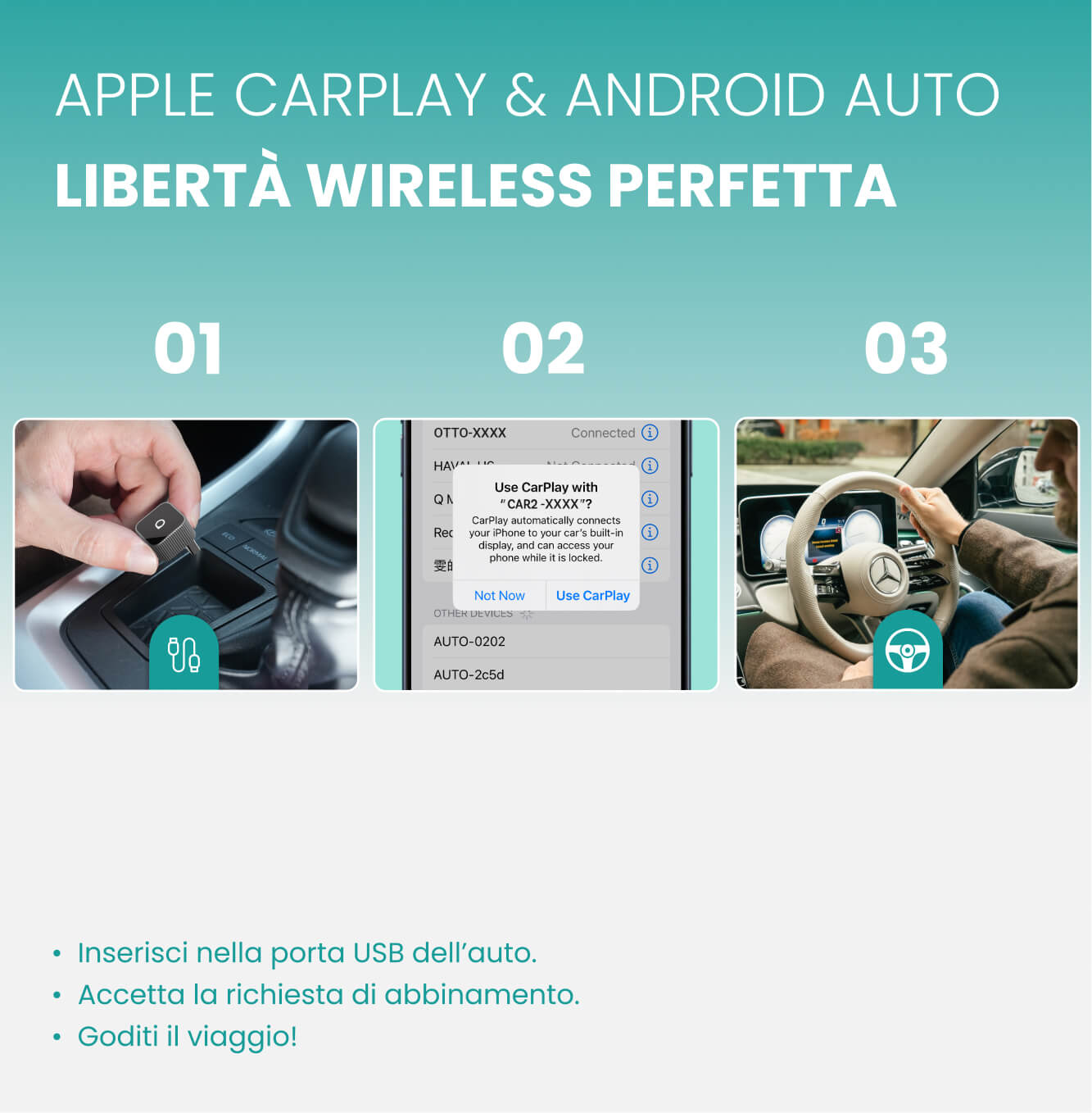 Ottocast® Mini Slim 3.0 Adattatore Wireless CarPlay e Android Auto