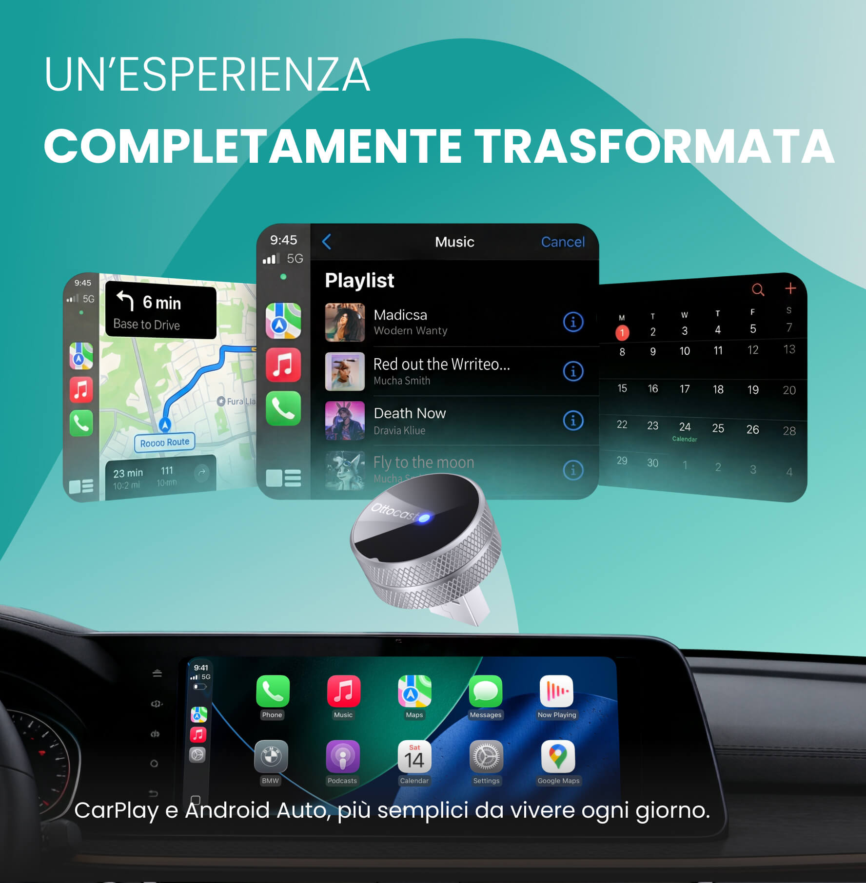 Ottocast Mini Tube – Adattatore Wireless CarPlay e Android Auto