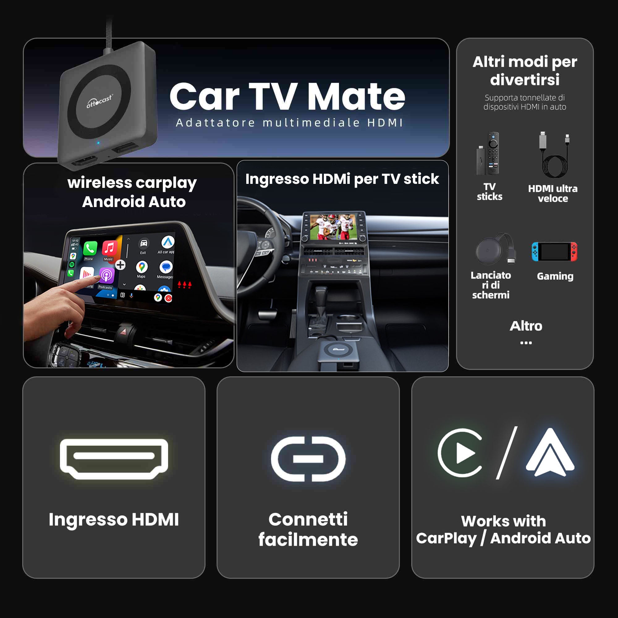 2025 Nuovo Aggiornamento - Car TV Mate Pro | Streaming HDMI + Fire TV Stick + Mirroring dello Schermo & Adattatore Wireless CarPlay Android Auto