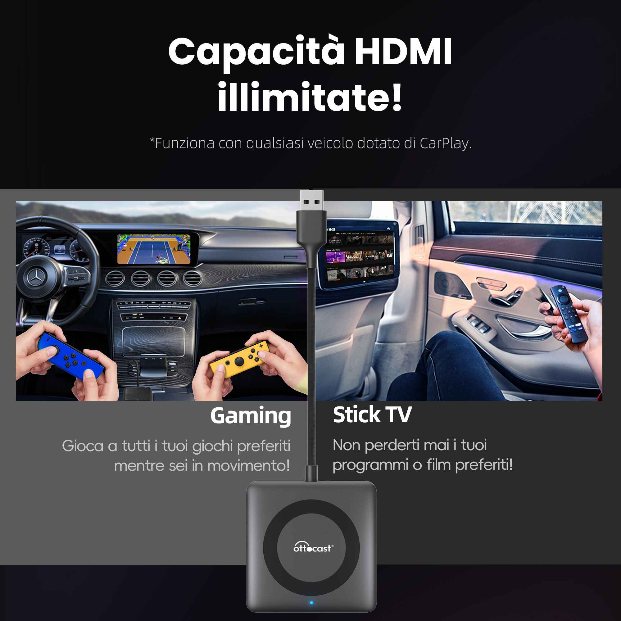 OTTOCAST Car TV Mate Pro – Convertitore TV Per Auto Con CarPlay Wireless E Ingresso HDMI 2K@60Hz, Per TV Stick E Console