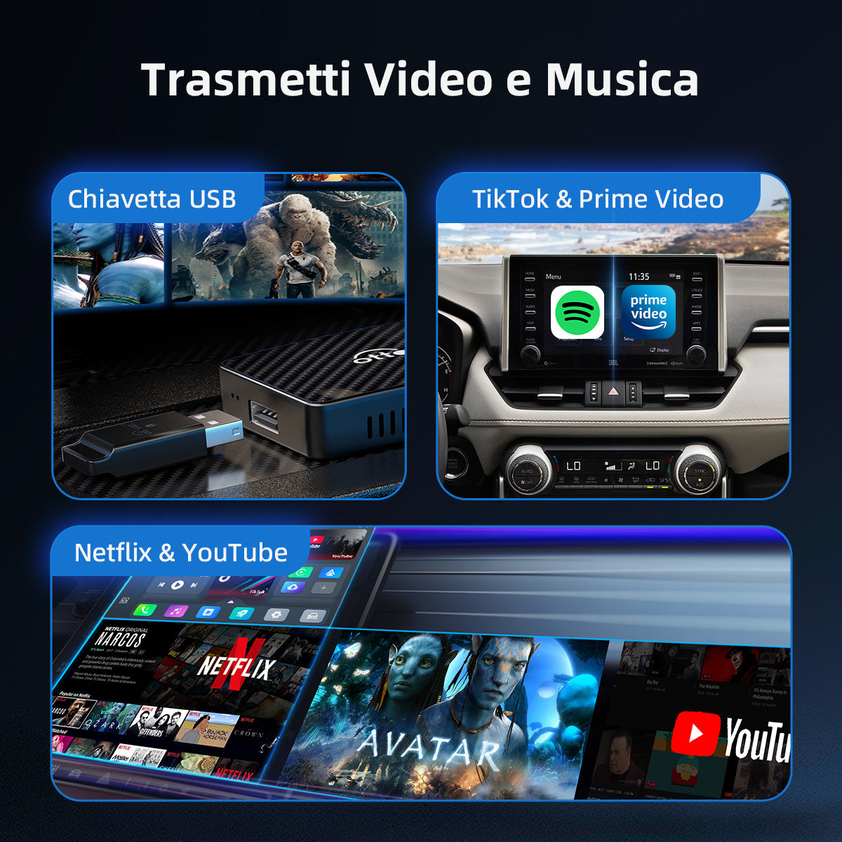 Ottocast® Play2Video Pro Adattatore 3 in 1 con YouTube e Netflix