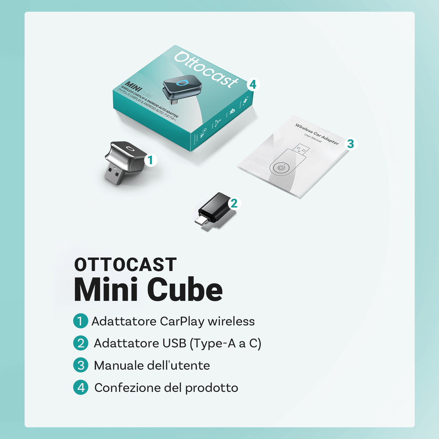OTTOCAST® Mini Cube 3.0 Adattatore Wireless CarPlay e Android Auto