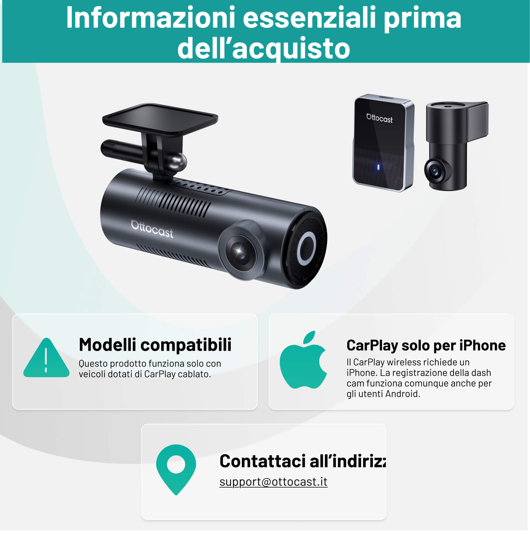 Ottocast® OttoSafe Cam 2 in 1 Dash Cam per Auto con CarPlay Wireless