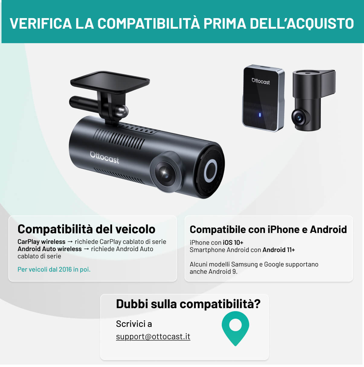 OttoSafe Cam 2 in 1: Dash Cam con CarPlay e Android Auto wireless