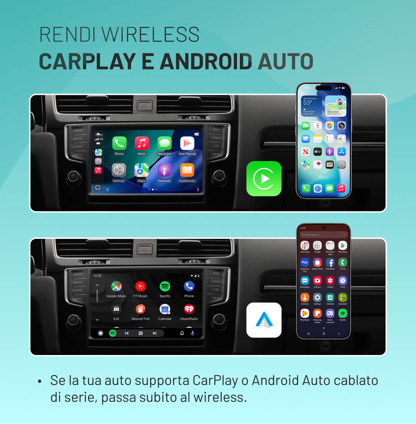 OttoSafe Cam 2 in 1: Dash Cam con CarPlay e Android Auto wireless