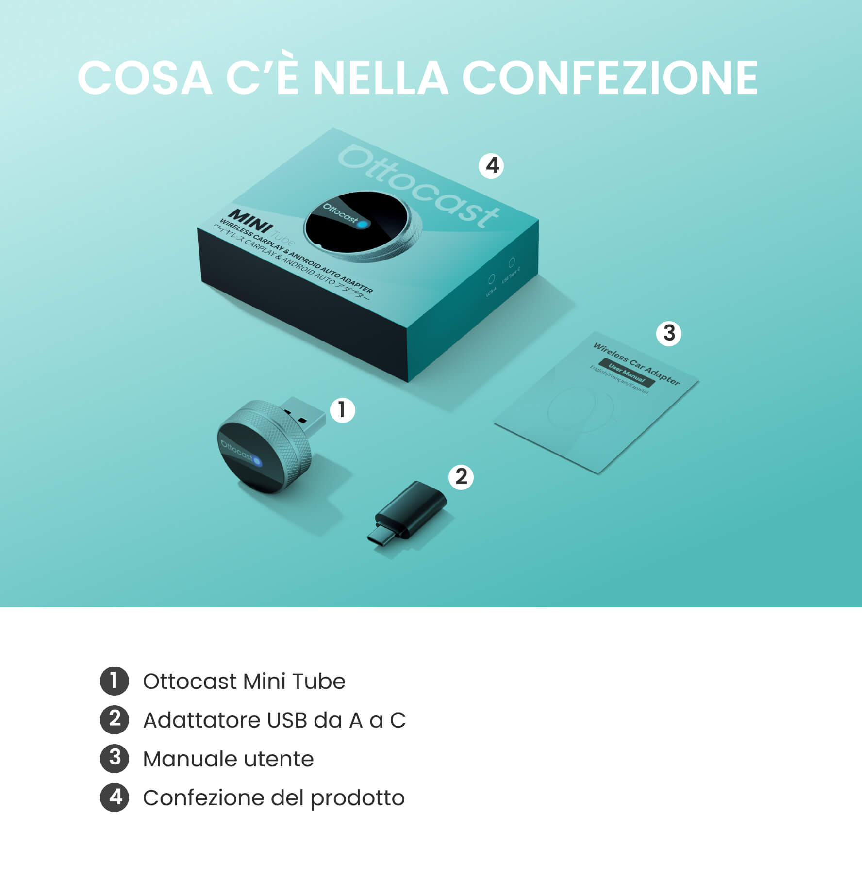 Ottocast Mini Tube – Adattatore Wireless CarPlay e Android Auto