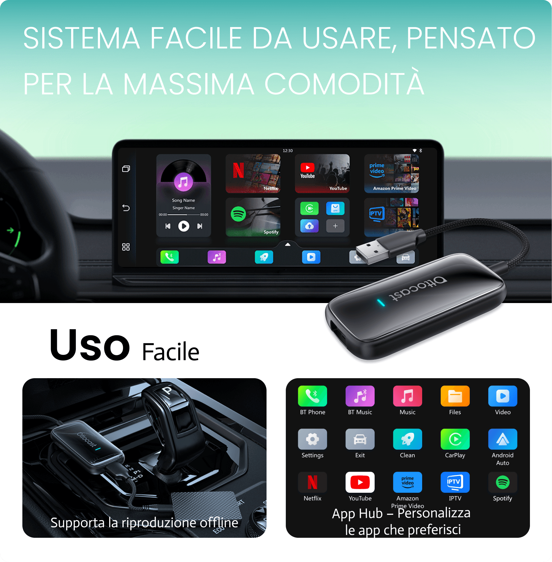 OTTOCAST® Play2Video Ultra Adattatore Wireless CarPlay e Android Auto